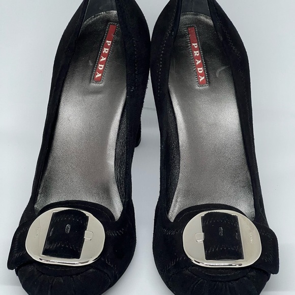 PRADA BLACK SUEDE LEATHER SILVER BUCKLE CHUNKY HEELS EU 41 AU 10 DESIGNER CHIC - Picture 5 of 16